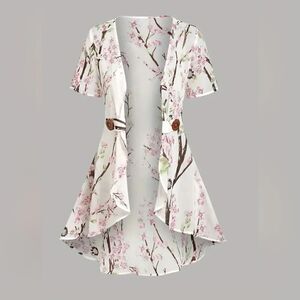 Dressfo 12 White Floral Print Shortsleeves Women's Opened Cardigan